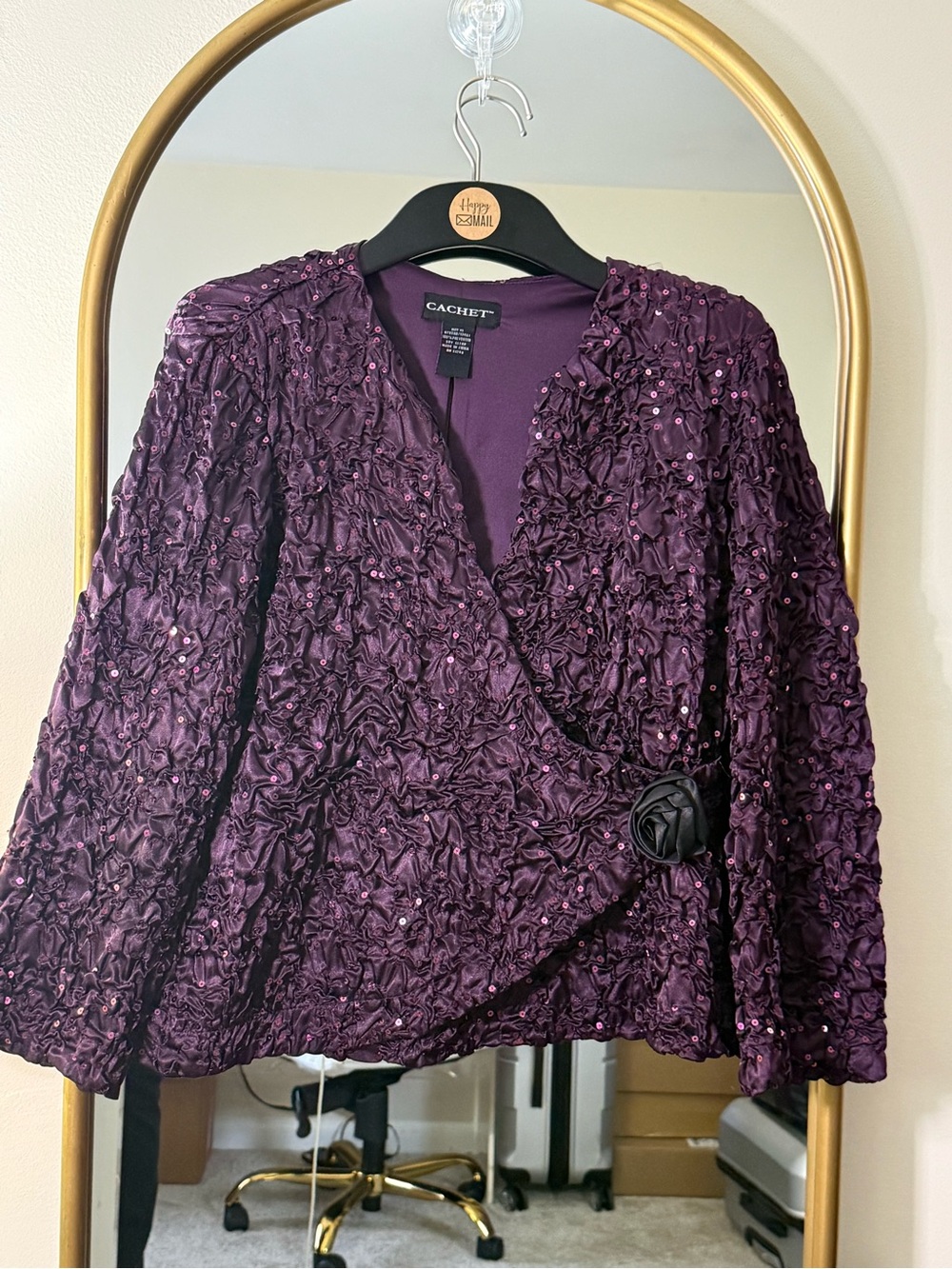 Cachet Purple Sequin Ruched Evening Jacket Black Rosette